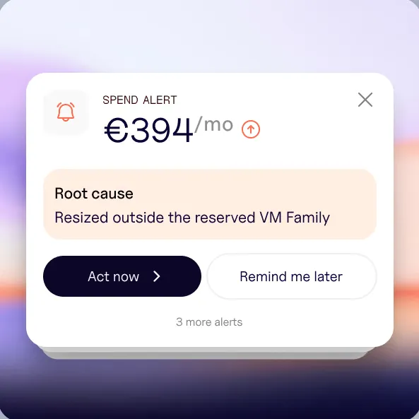 A spend alert: +€394 per month, with the root cause